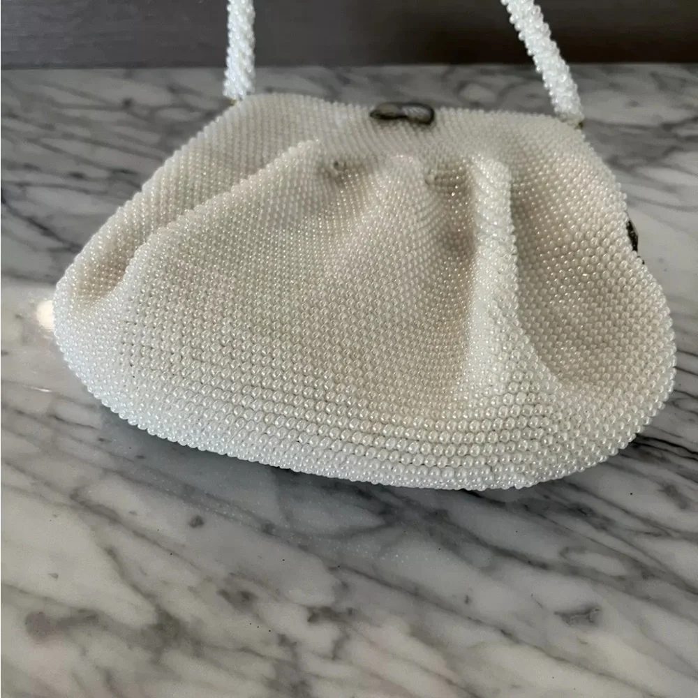 White Pearl Beaded Purse Evening Bag Clutch Silver Frame Clasp Vintage 50s 60s